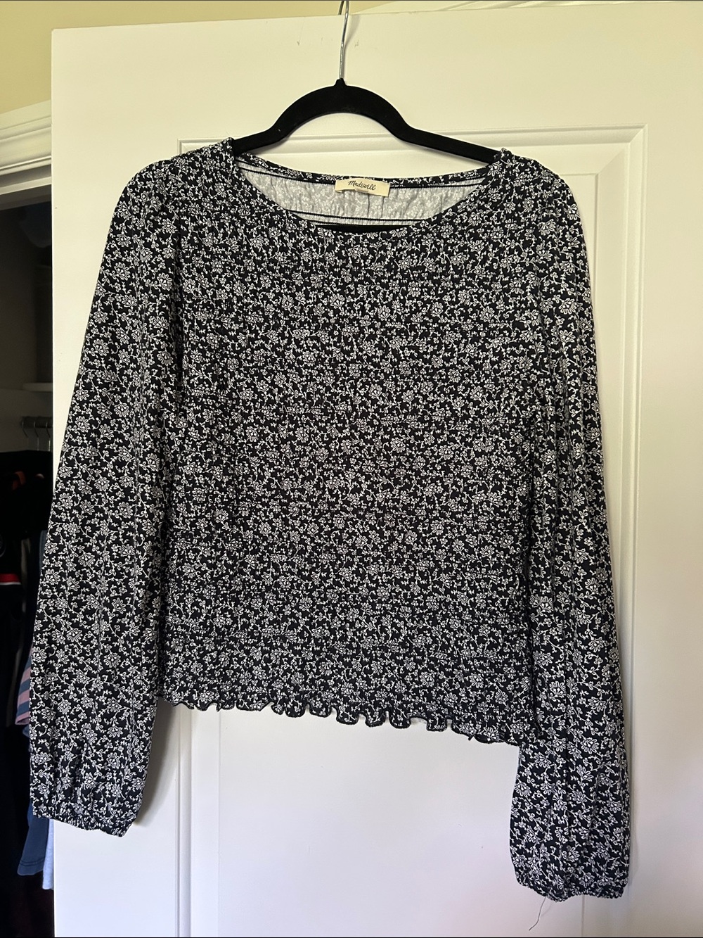 Madewell dark navy blue and White Floral Long-Sleeve Blouse